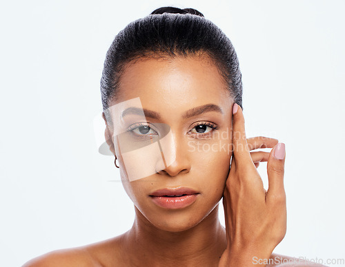 Image of Beauty, face and skincare for black woman portrait in studio for dermatology, cosmetic and natural skin. Natural aesthetic model with spa facial and healthy makeup glow isolated on a white background