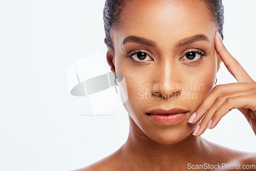 Image of Black woman, face portrait and beauty in studio, isolated white background and mockup. Serious female model, facial skincare and aesthetic makeup for dermatology, natural cosmetics and salon wellness