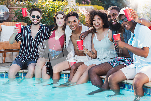 Image of Pool party, beer and friends laughing, having fun and partying. Summer celebration, event and group portrait of people, men and women with alcohol, dip feet in water and laugh at funny joke or meme.