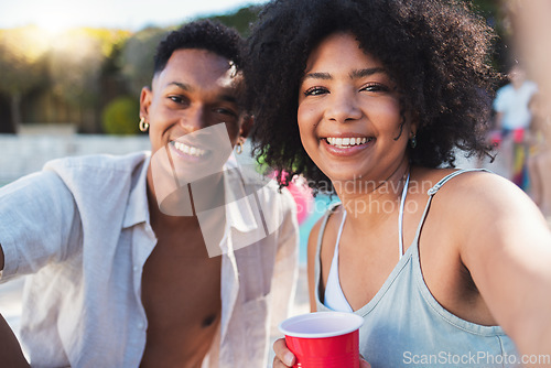 Image of Selfie, party and summer with a black couple having fun outdoor while drinking at a celebration event. Love, alcohol and portrait with a young man and woman outside together at a birthday or social