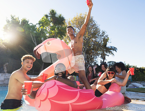 Image of Pool party, beer and friends on flamingo, having fun and partying. Summer celebration, water event and group portrait of drunk funny people laughing with alcohol, swimming and floating on bird float.