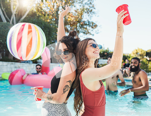 Image of Fun, drink and portrait of friends at a pool party for swimming, celebration and vacation in summer. Playful, alcohol and women in the water on a tropical group holiday for a break to celebrate life