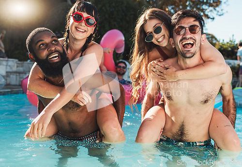 Image of Piggyback portrait and couple of friends in pool for summer vacation leisure together in the sunshine. Gen z, youth and young people bond, laugh and smile in swimsuit on holiday resort break.