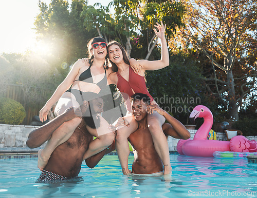 Image of Happy, fun and portrait of friends in the pool for summer, swimming and party in Miami. Smile, playful and group of people in the water for a game, relax and holiday celebration together at a hotel