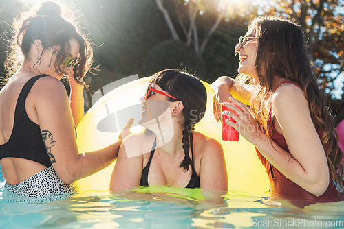 Image of Pool party, summer and friends or women with social celebration, gen z lifestyle and happy conversation. Funny, laugh and young people or youth swimming in water or outdoor with alcohol for holiday