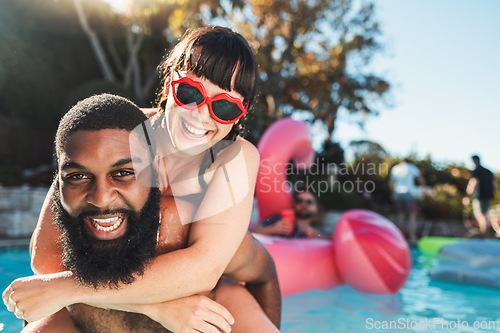 Image of Love, pool party and couple piggyback, having fun and bonding. Swimming, romance diversity and portrait of happy man carrying woman in water and laughing at funny joke at summer event or celebration.