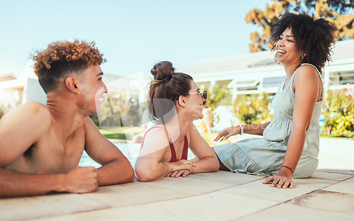 Image of Party, pool and diversity with friends having fun together in summer at a celebration event. Happy, swimming and social with a young man and woman friend group laughing or joking at a birthday