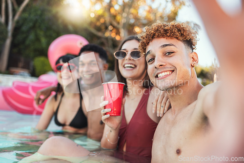 Image of Pool party, beer and friends selfie, having fun and taking pictures. Summer celebration, water swimming or group portrait of people with alcohol taking photo for happy memory or social media at event