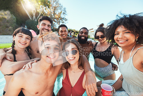 Image of Selfie, fun and portrait of friends at a pool party for summer, holiday and happy swimming in Thailand. Relax, smile and group of people in the water with a photo memory on a tropical vacation