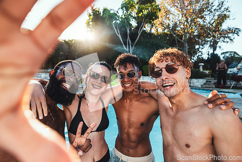 Image of Peace sign, friends selfie and pool party, having fun or partying on new year. Swimming celebration, water event and group portrait of people with hand gesture, laughing and taking social media photo