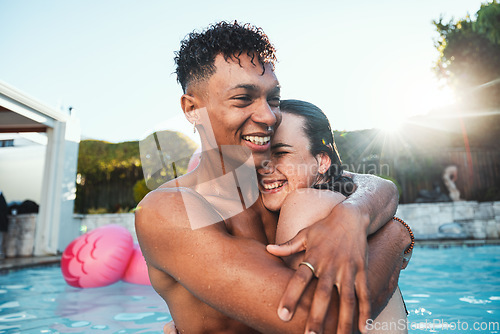 Image of Love, pool party and couple hug, having fun and bonding together. Swimming, romance diversity and happy man and woman hugging, cuddle or laugh at funny joke in water at summer event or celebration.