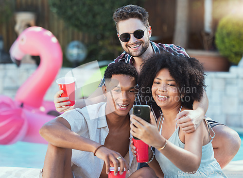 Image of Selfie, party and fun with friends outdoor in summer taking a picture together for social media. Photograph, birthday and diversity with a young man and woman friend group posing for a self portrait