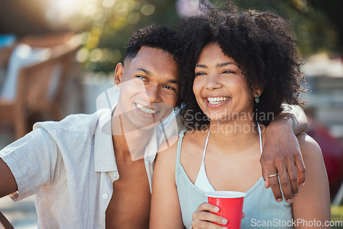 Image of Selfie, party and drinking with a black couple outdoor together at a celebration event in summer. Happy, smile and love with a young man and woman enjoying alcohol at a birthday or social gathering