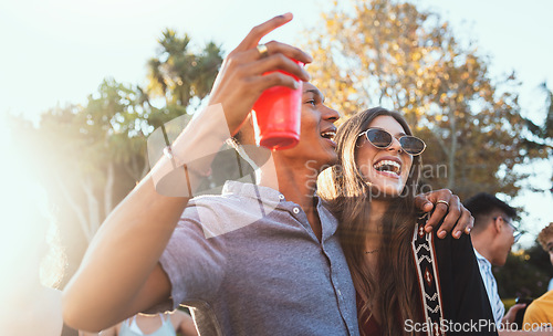 Image of Party, drinks and a couple of friends outdoor to celebrate at festival, concert or summer social event. Diversity young men and women people together while dancing, happy and drinking alcohol