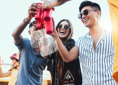 Image of Party, drinks and cheers with friends outdoor to celebrate at festival, happy hour or summer social event. Diversity young men and women people together for toast, happiness and drinking alcohol