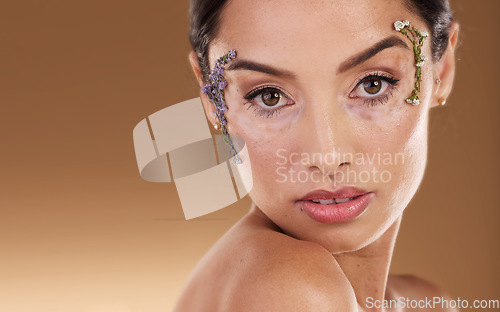 Image of Natural beauty, flowers or face of woman with eco friendly cosmetics, lavender facial product and skincare mockup. Sustainable dermatology, spa salon or portrait of aesthetic model with floral makeup