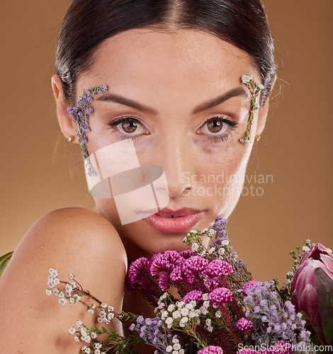 Image of Floral beauty, flower bouquet and face of woman with eco friendly cosmetics, natural facial product or lavender skincare. Dermatology, spa salon and aesthetic model portrait with sustainable makeup