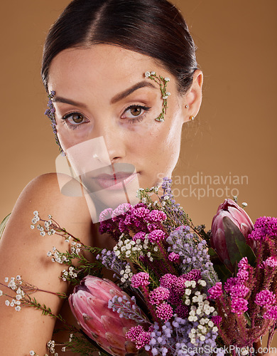 Image of Beauty, flower bouquet or face portrait of woman with eco friendly cosmetics, natural facial product or lavender skincare. Sustainable dermatology, spa salon or aesthetic model with floral makeup