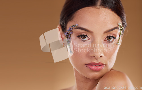 Image of Natural beauty, flowers or portrait of woman with eco friendly cosmetics, lavender facial product and skincare mockup. Sustainable dermatology, spa salon or face of aesthetic model with floral makeup