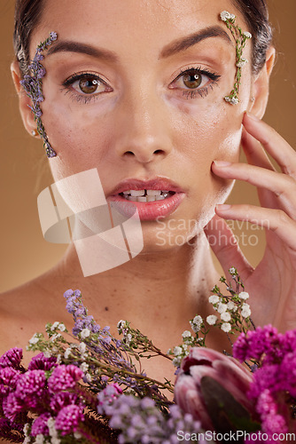 Image of Floral makeup, flower bouquet and portrait of woman with eco friendly cosmetics, natural facial product or lavender skincare. Dermatology, spa salon and aesthetic model face with sustainable beauty