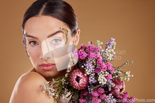 Image of Beauty, flower bouquet and portrait of relax woman with eco friendly cosmetics, natural facial product or lavender skincare. Wellness, spa salon or aesthetic model face with floral sustainable makeup