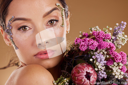 Image of Makeup, flower bouquet and portrait of relax woman with eco friendly cosmetics, natural facial product or lavender skincare. Wellness, spa salon or aesthetic model face with sustainable floral beauty
