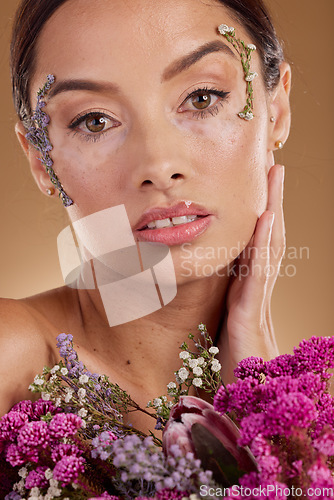 Image of Floral skincare, flower bouquet and portrait of woman with eco friendly cosmetics, natural facial product or lavender beauty. Dermatology, spa salon and aesthetic model face with sustainable makeup
