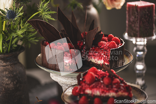 Image of Delicious chocolate cake with raspberries