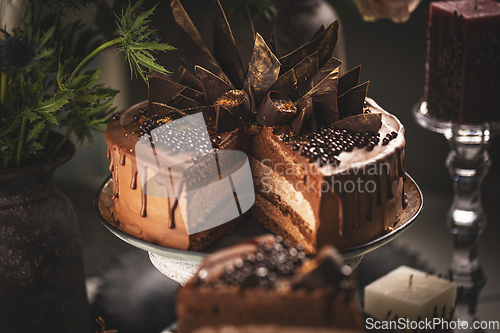 Image of Still life of layered chocolate mousse cake