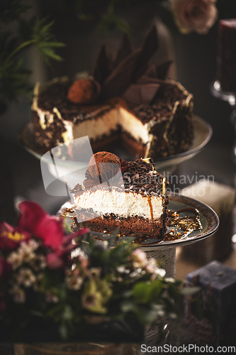 Image of Slice of chocolate cake with mascarpone cream