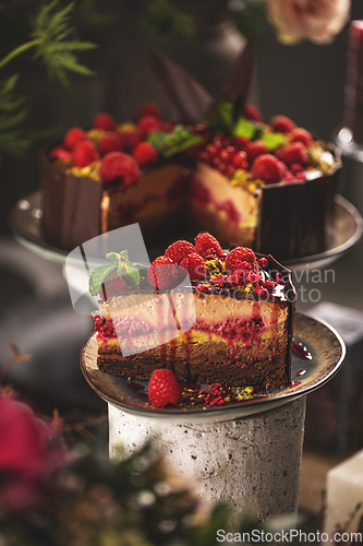 Image of Slice of delicious layered mousse cake