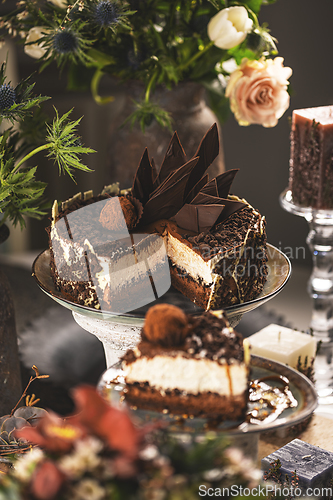 Image of Still life of chocolate cake with mascarpone cream