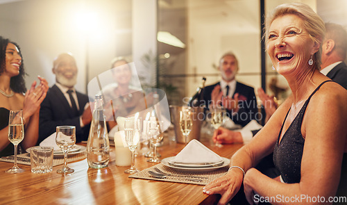 Image of People, party and clapping at restaurant in night with friends, business executive team or happy for success. New year, applause, celebration gala with champagne, congratulations or group motivation