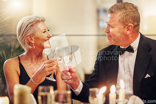 Image of Success, senior friends or toast in a party to celebrate goals, achievement or new year at luxury event. Motivation, mature or happy people cheers with champagne drinks or wine glasses at dinner gala