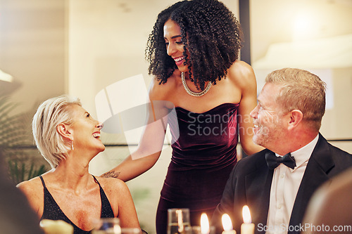 Image of Senior, party or couple of friends at a celebration or luxury new year at a social event on holiday. Relaxing, happy or successful mature people enjoy talking, bonding or speaking at fun dinner gala