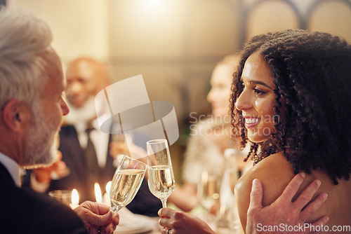 Image of Success, toast or happy people in a party in celebration of goals, achievement or new year at luxury event. Black woman, old man or friends cheers with champagne drinks or wine glasses at dinner gala