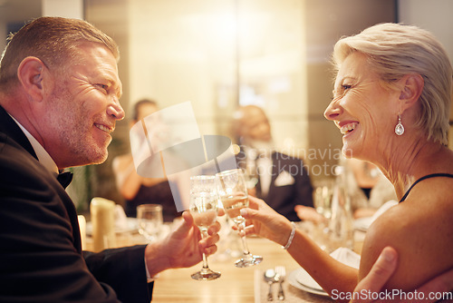 Image of Senior, party or couple of friends toast in celebration of goals or achievement at luxury social event. Motivation, funny or happy people cheers with champagne drinks or wine glasses at dinner gala