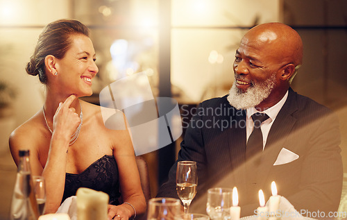 Image of Happy, funny black man or woman in a party celebration of goals or new year at luxury social event. Friends, congratulations or senior people laughing, bonding or talking at dinner gala on holiday