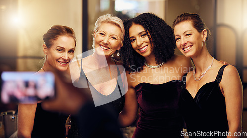 Image of Phone photography, happy or friends in a party to celebrate goals or new year at fancy luxury event. Girls night, camera pov or people take pictures for social media at dinner gala or fun birthday
