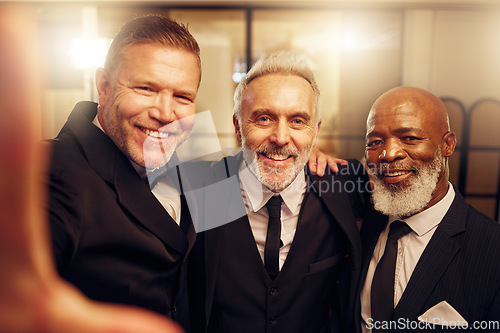 Image of Photography, selfie or senior men in a party to celebrate goals or new year at luxury social event. Group, screen or friends smile in pictures for social media at fun dinner gala or happy birthday