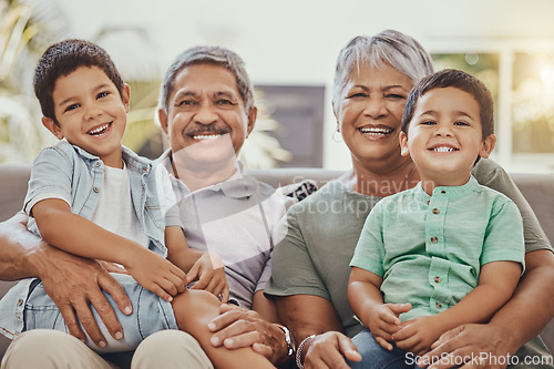 Image of Family, grandparents and kids in portrait with smile, love and care with relationship, bond and together. Retirement, wellness and happiness, elderly people and children relax outdoor at home