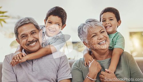 Image of Family, hug with grandparents and children in portrait, love and care with relationship, bond and together. Retirement, wellness and happiness, elderly people and kids with smile and relax outdoor