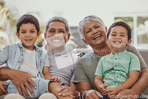 Image of Family, happy with grandparents and children in portrait, love and care with relationship, bond and together. Retirement, wellness and happiness, elderly people and kids with smile and relax outdoor