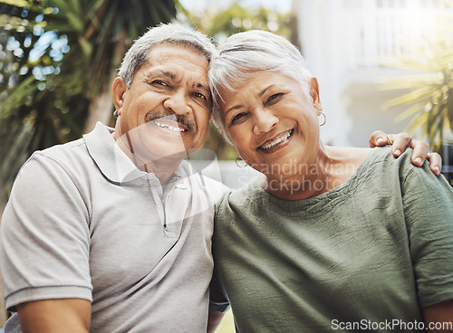 Image of Senior african couple, smile portrait and hug for love, support and care in relationship embrace, bond or happiness outdoor. Romance, happy marriage or elderly black man and woman on holiday together