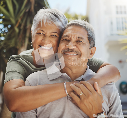 Image of Black senior couple, hug and smile portrait for love, rretirement holiday and happiness outdoor together. African man, woman and happy quality time or marriage relationship bonding on travel vacation