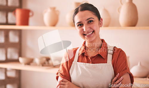 Image of Woman, portrait and smile in pottery workshop, creative studio and manufacturing startup in Sweden. Happy small business owner, ceramic designer and artist working for sculpture, creativity and craft