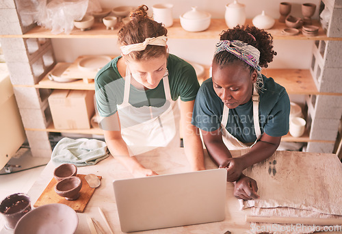 Image of Ceramic store, pottery and team with laptop for retail ecommerce, online shopping service or sculpture order sales. Creative workshop, diversity studio and top view of startup small business owner