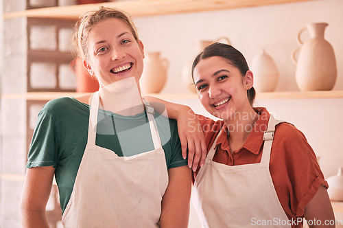 Image of Pottery, friends and portrait of women for small business, artistic startup and creative workshop. Teamwork, success and happy females smile for ceramic production, clay sculpture and artwork store