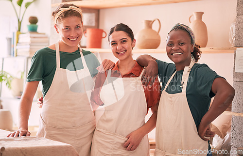 Image of Friends, pottery and portrait of women for small business, artistic startup and creative workshop. Collaboration, teamwork and females happy for success in ceramics, clay sculpture and artwork store