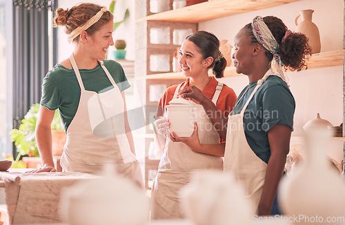 Image of Communication, pottery workshop class or women design sculpture mold, manufacturing or art product. Diversity, ceramic retail store or startup small business owner, artist or people talking in studio